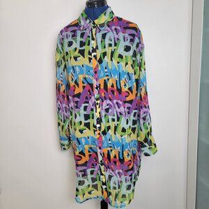 Live 4 Truth Multicolor Graffiti Sheer Long Sleeve Buttonup Coverup/Dress M